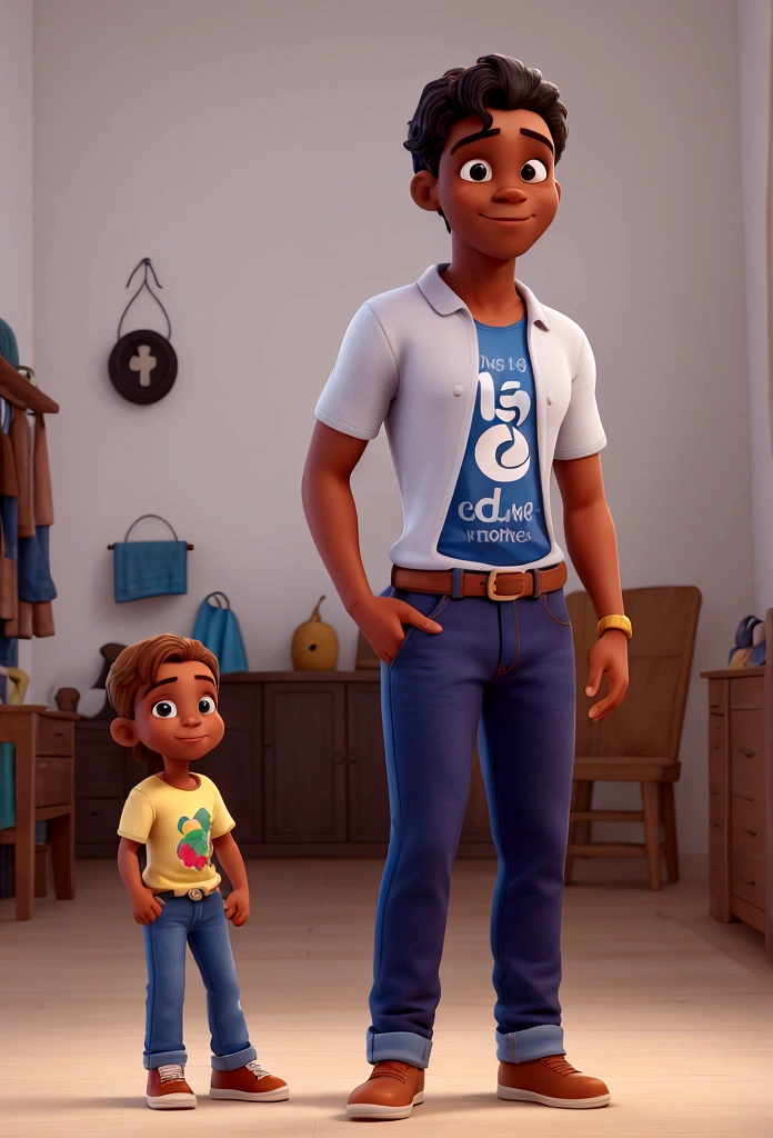 um homem com pele escura, cabelo curto preto, alto, Dancing, vestido de camiseta e jeans, estilo disney