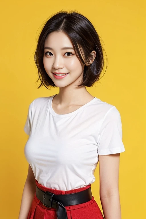 a gorgeous lady, age 22, white T-shirt and red skirt, black belt, dimpled smile, short bob hair, in a natural pose, photorealistic, beautiful detailed eyes, ample round bosom, hyper-realism, high contrast, ultra HD, realistic skin textures, top image quality, top-quality, super high resolution, fine details, very meticulously, simple yellow background
