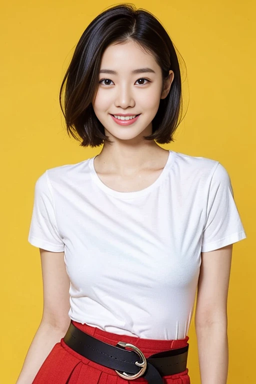 a gorgeous lady, age 22, white T-shirt and red skirt, black belt, dimpled smile, short bob hair, in a natural pose, photorealistic, beautiful detailed eyes, ample round bosom, hyper-realism, high contrast, ultra HD, realistic skin textures, top image quality, top-quality, super high resolution, fine details, very meticulously, simple yellow background