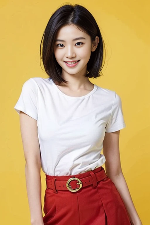 a gorgeous lady, age 22, white T-shirt and red skirt, black belt, dimpled smile, short bob hair, in a natural pose, photorealistic, beautiful detailed eyes, ample round bosom, hyper-realism, high contrast, ultra HD, realistic skin textures, top image quality, top-quality, super high resolution, fine details, very meticulously, simple yellow background