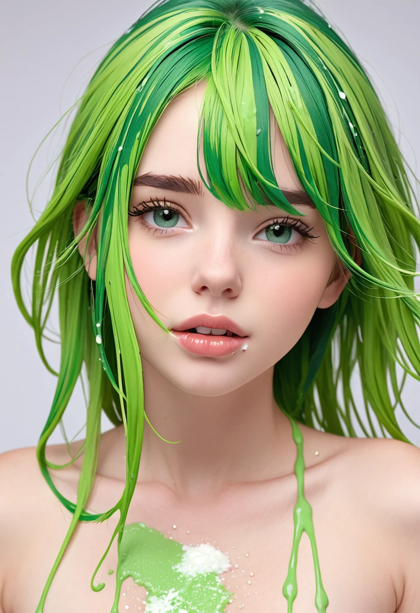 Naked green haired teen covered in cum