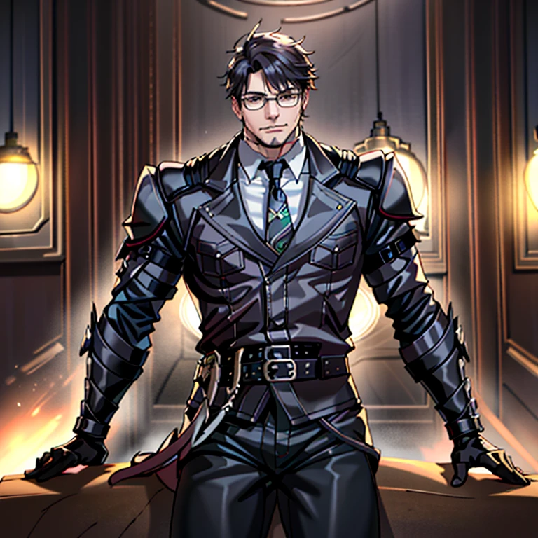 1boy, 16~20 years old, male focus, muscular male, nsfw, 3D, realistic, indoor, normal hue, central, golden ratio, sitting on the leather couch, sharp-featured body, tall, burly, highres, slender build, perfect anatomy, skin texture, thick dark buzzcut hair, see-through bangs, shallow eyebrow, symmetrical eyebrow, large bright eyes, symmetrical eyes, square gold-rimmed glasses, big straight nose, closed mouth, double-edged polearm, broad shoulders, noble attire, bdominal stretch, tight-fitting, leather collar, stand-up collared shirt, necktie, waistcoat, open thickened glossy dark leather jacket, six-pack abs, leather gloves, black trousers, leather belt, spreading long thin legs, large erect penis over 10 inches length and 3 inches width, erection, large scrotum with testicles, masturbation, high-heeled leather boots, soft smile, handsome, powerful, from front, looking ahead at viewer, day, masterpiece, best quality, hyper-detailed, intricate detail, professional photography, matte, bright, the most beautiful ever seen, post processing, dreamatic lighting, ambient lighting, epic composition, ultrawide shot, uplight, raytracing reflections, depth of field, gorgeous background 