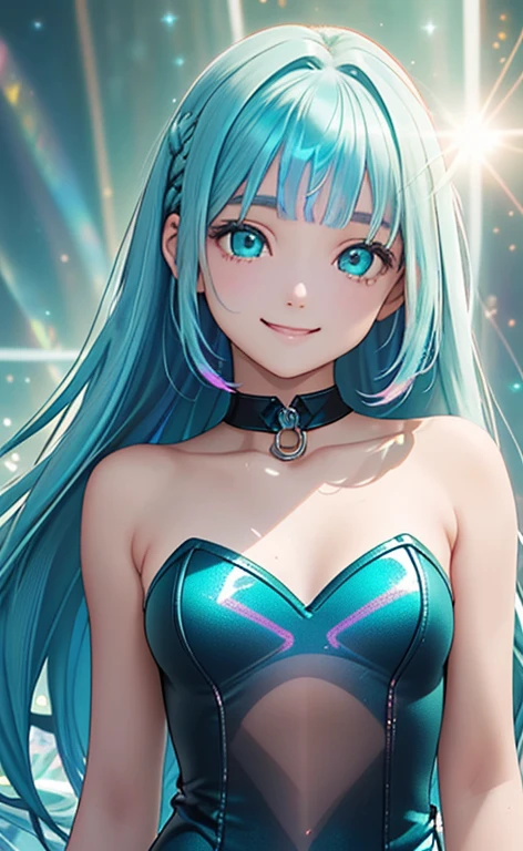 (Photorealistic:1.4)、(16-year-old:1.5),(masterpiece、lens flare、Exquisite beautiful eye:1.5,portlate:1.5),(),(kind eyes、tareme:1.9),(Close-up of face,face focus1.7)、Cute Face、 3D Face、(aqua hair:1.5)、(long hair,:1.5),(sidelock :1.5),(blunt bangs:1.3),(1 lgirl)、(aqua eyes:1.2)、(upper body:1.5)、、(smile:1.5)、().(),(head tilt) ,(),(flat chest),(),(hologram strapless leotard :1.5),(art background:1.5)、(Detail)、()、Slim Body(),Shiny Hair、