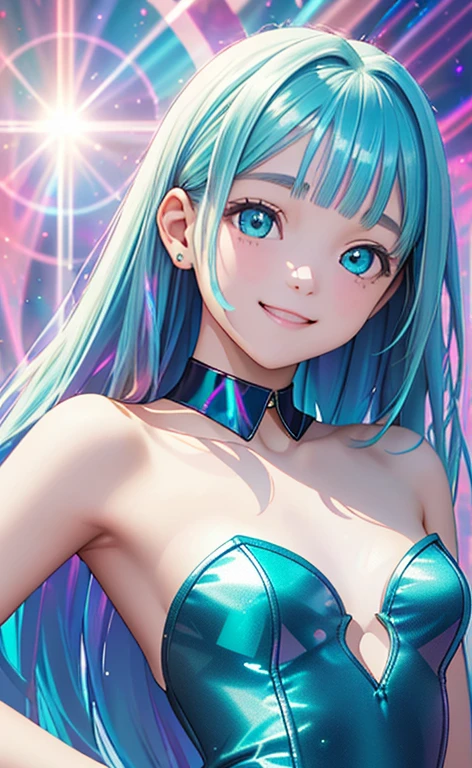 (Photorealistic:1.4)、(16-year-old:1.5),(masterpiece、lens flare、Exquisite beautiful eye:1.5,portlate:1.5),(),(kind eyes、tareme:1.9),(Close-up of face,face focus1.7)、Cute Face、 3D Face、(aqua hair:1.5)、(long hair,:1.5),(sidelock :1.5),(blunt bangs:1.3),(1 lgirl)、(aqua eyes:1.2)、(upper body:1.5)、、(smile:1.5)、().(),(head tilt) ,(),(flat chest),(),(hologram strapless leotard :1.5),(art background:1.5)、(Detail)、()、Slim Body(),Shiny Hair、