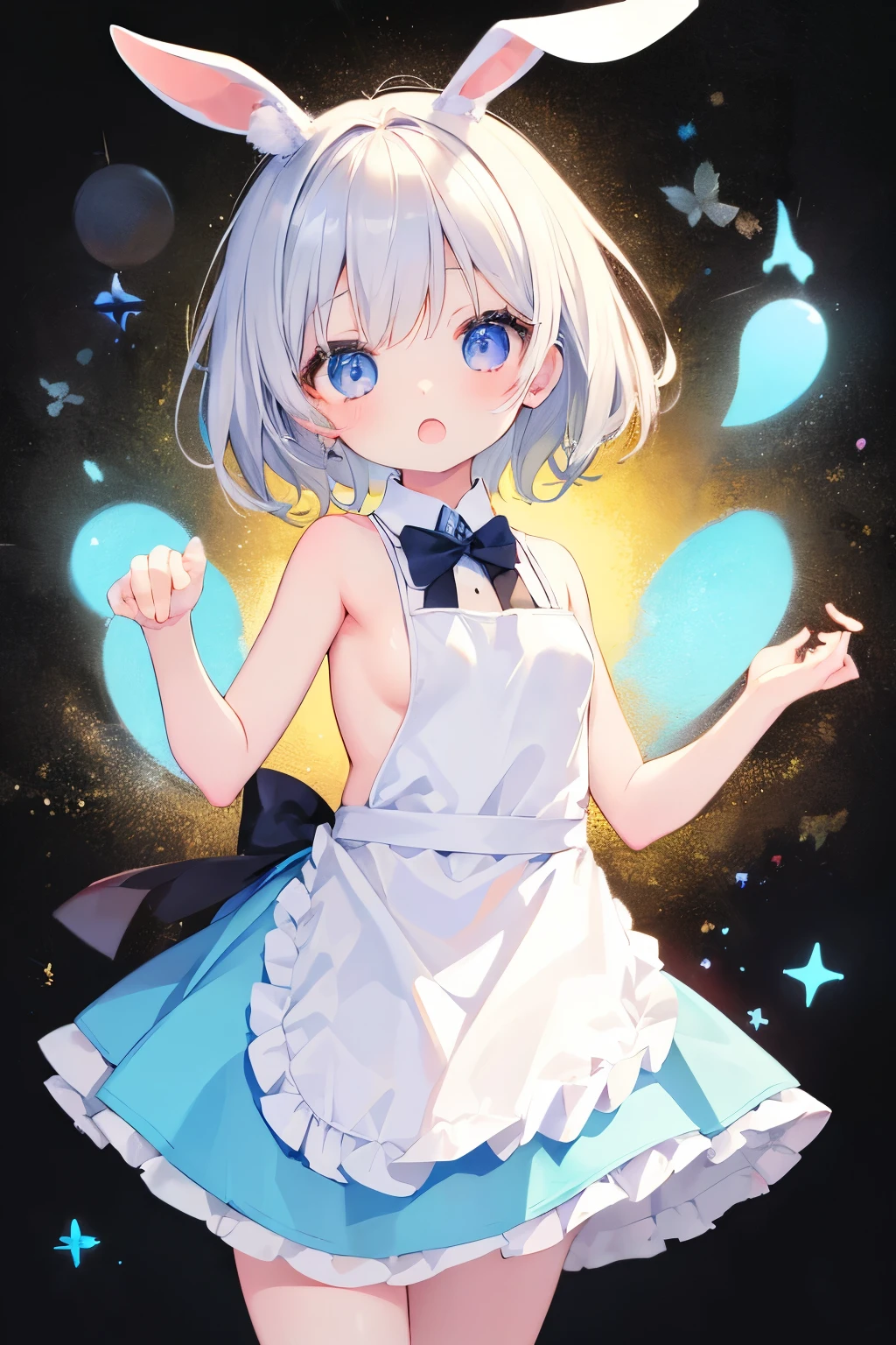 Naked Apron、Bunny girl、Rabbit ears、7--old l,Very beautiful and Shining Eyes、Shining Eyes、1 girl、Small breasts、Big Mouth、high school girl、Small breasts、Transparent silver short hair、