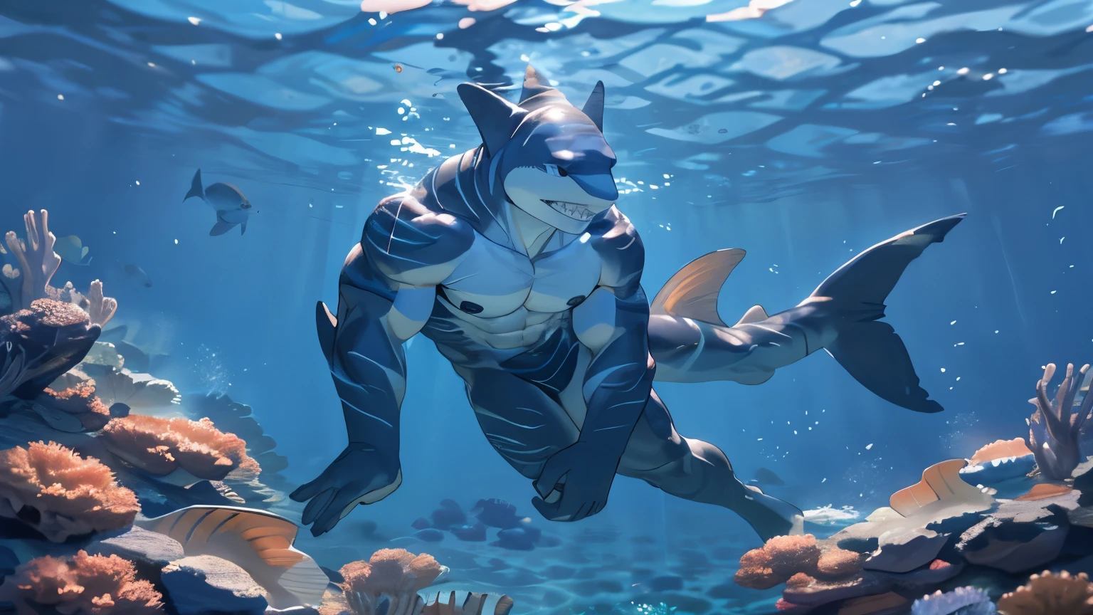 Anthropomorphic character, 21 years old man, white great shark, muscular 0,8, abs, lean body, v-taper 1,2, blue skin, white briliant belly, black nipples, shirtless, naked, swimming, diving, fishes, coral, Coral reefs, shiny wet body, realistic water, detailed water, detaild sea,