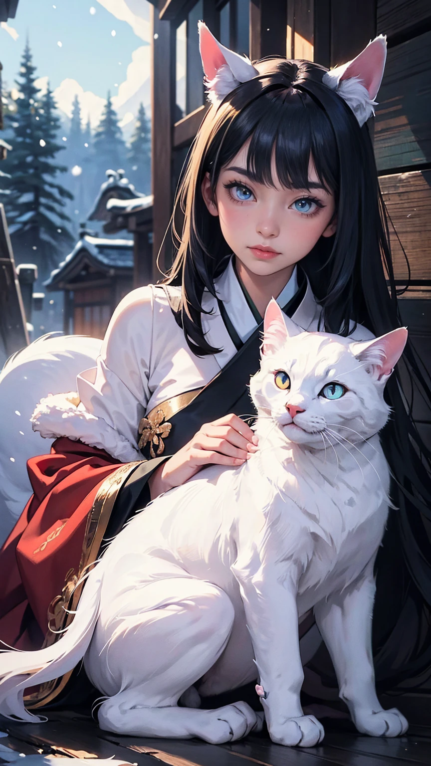 A quaint village nestled between rolling hills and gurgling forests, Once upon a time there was a cat that was different from the others. Her name is Luna, Her fur is as white as new snow, Decorated with midnight black patches,Twinkle like a star. But what really makes Luna special is her fascinating gaze - a pair of deep and fascinating eyes,Like the universe itself. realism, Instagram, Japan动画片, Japan,Comic Style,