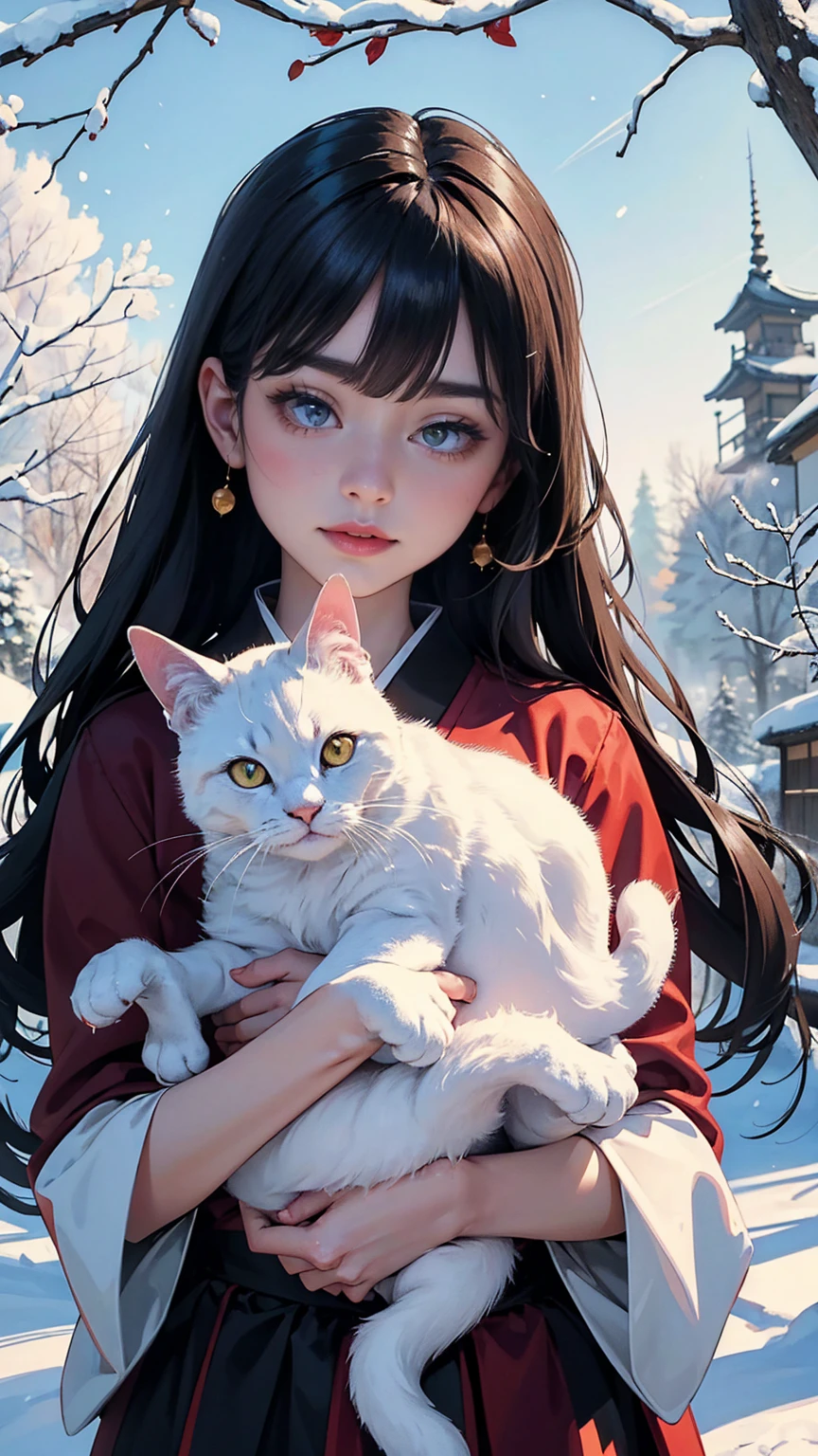 A quaint village nestled between rolling hills and gurgling forests, Once upon a time there was a cat that was different from the others. Her name is Luna, Her fur is as white as new snow, Decorated with midnight black patches,Twinkle like a star. But what really makes Luna special is her fascinating gaze - a pair of deep and fascinating eyes,Like the universe itself. realism, Instagram, Japan动画片, Japan,Comic Style,