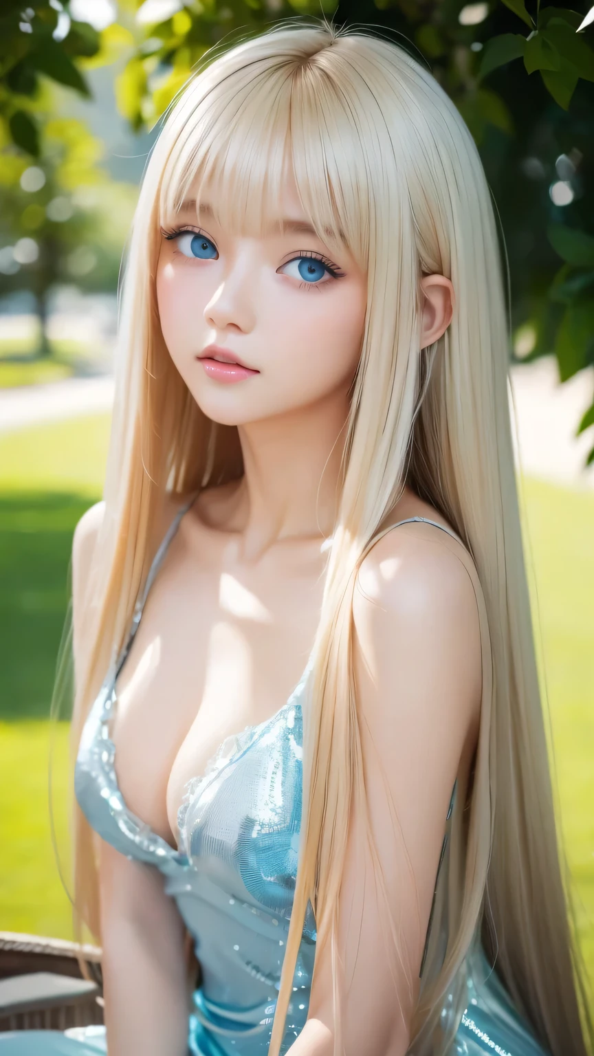 White shiny skin、Blonde hair color that changes with light、Long bangs obstruct the view、Glossy highlight on cheeks、The most beautiful face in the world、Super long gorgeous blonde hair、Smooth straight hair、Ample Bust、Big, bright, light blue eyes that shine beautifully、Beautiful bangs、Beautiful cute girl 、Round face、Small Face Beauty、Cheek highlighter