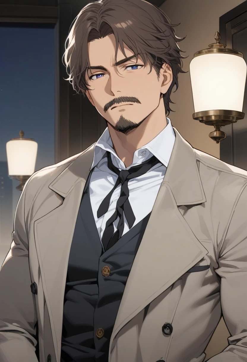 1man, mature male, parted bangs, medium-short hair, brown hair, muscular male celeb, short goatee, short mustache, indigo eyes, dandyism, BREAK solo, white collared shirt, gray trench coat, black neck ribbon, in gentle sasaki style, visual novel, 2010s, extreme all detailed, masterpiece, best quality