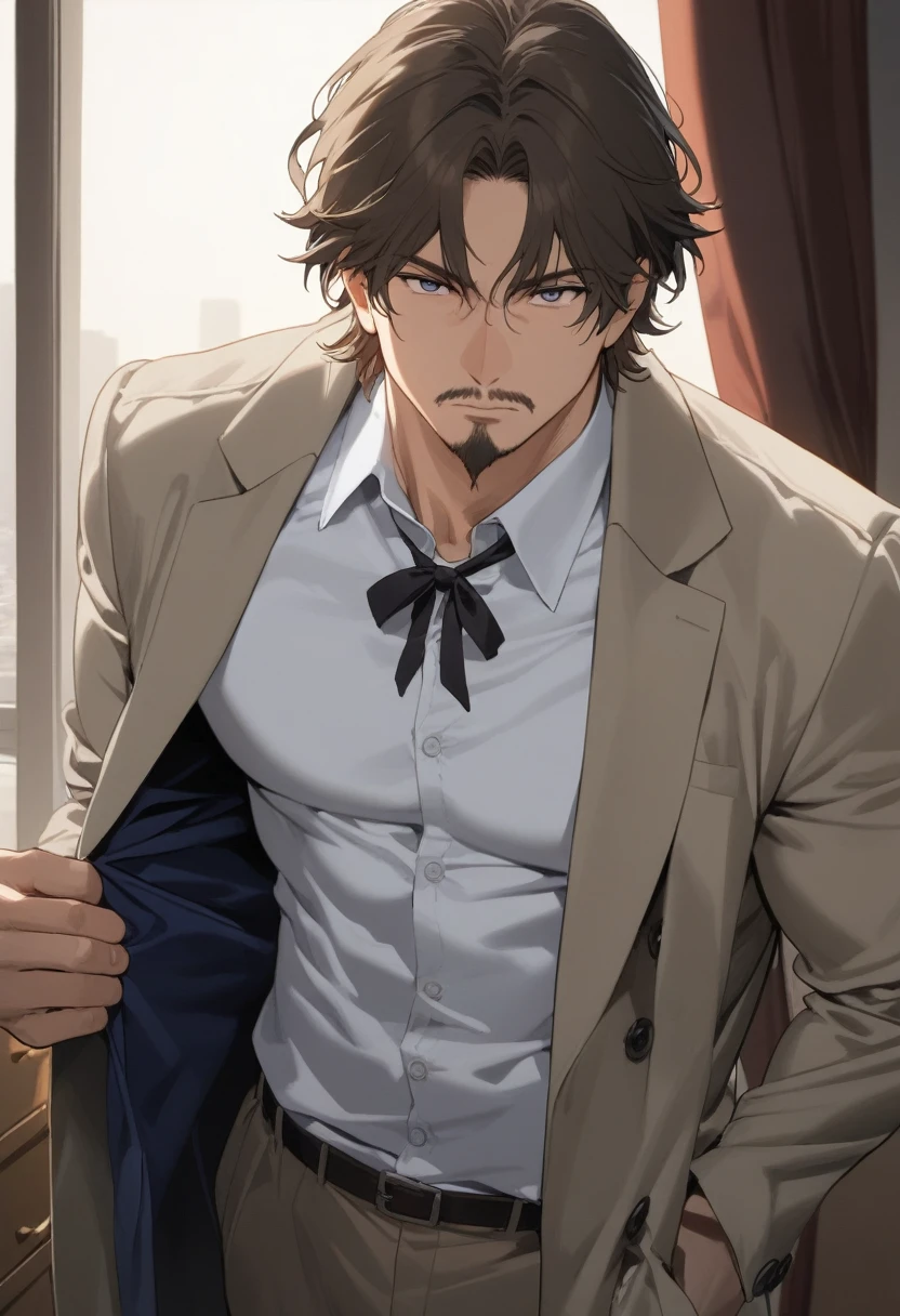 1man, mature male, parted bangs, medium-short hair, brown hair, muscular male celeb, short goatee, short mustache, indigo eyes, dandyism, BREAK solo, white collared shirt, gray trench coat, black neck ribbon, in gentle sasaki style, visual novel, 2010s, extreme all detailed, masterpiece, best quality