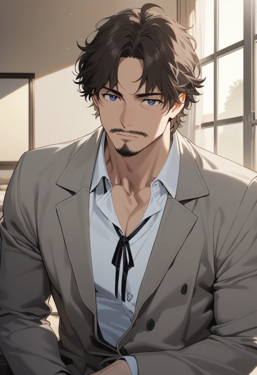 1man, mature male, parted bangs, medium-short hair, brown hair, muscular male celeb, short goatee, short mustache, indigo eyes, dandyism, BREAK solo, white collared shirt, gray trench coat, black neck ribbon, in gentle sasaki style, visual novel, 2010s, extreme all detailed, masterpiece, best quality