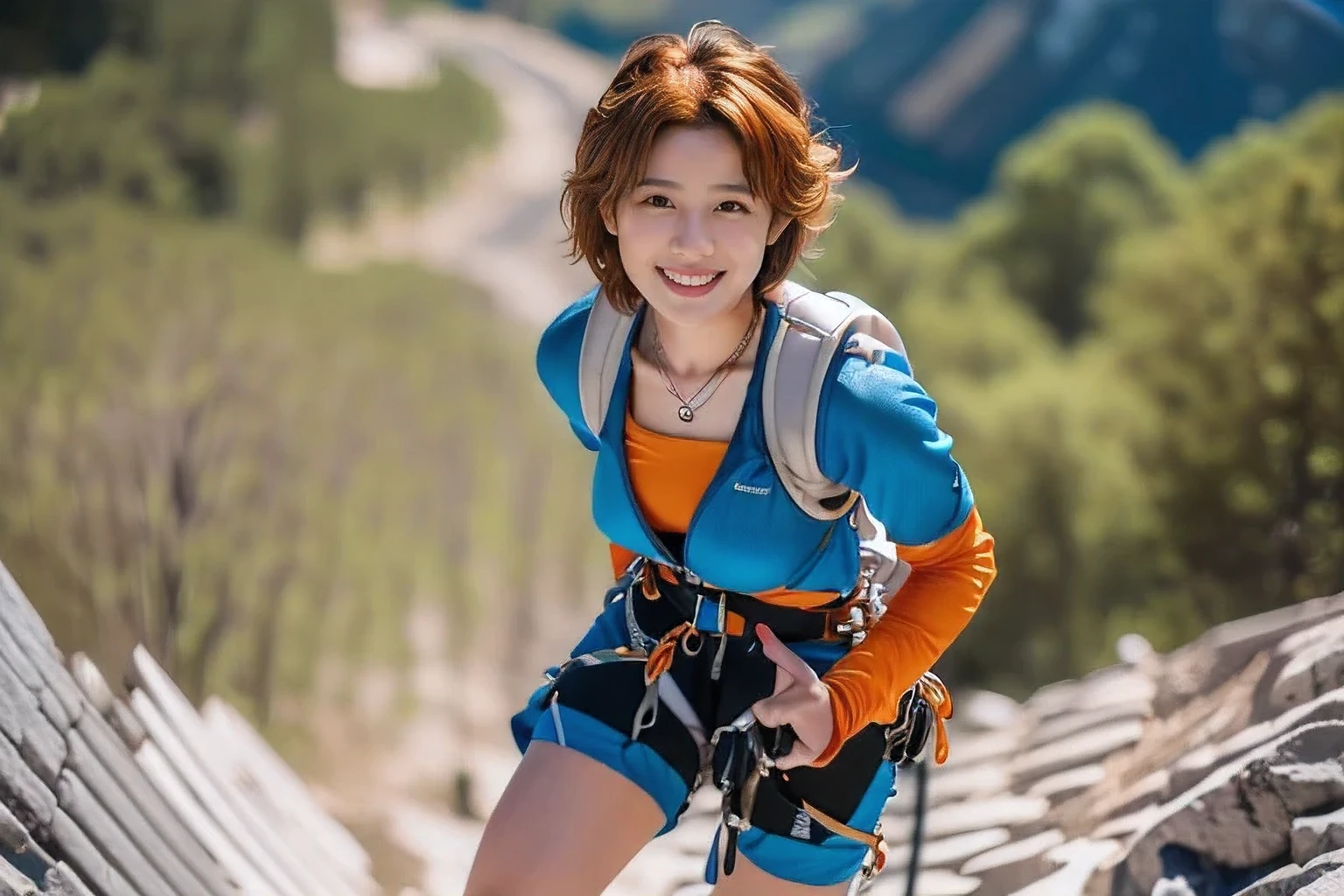 (18 year old woman climbing in summer:1.5)、(Gentle smile:1.2)、(The best quality at its best:1.4), (Super detailed), (Very detailed CG unified 16k), Beautiful woman with perfect figure: 1.4, Sharp focus: 1.2, Very detailed, High-quality RAW color photos, Professional photography, Great face and eyes, cosmetics, (Amazingly beautiful girl), ((Mountaineering attire:1.5)), Realistic movie faces, Full body long view from head to toe, Realistic, ((Realistic natural orange red hairstyle)), ( Short Bob Hair:1.5), (necklace:1.5)、, Very beautiful face, Perfect model beauty, Mouth swelling, Highly detailed face and skin texture, Fine grain, double eyelid, Medium chest, smile, (masterpiece), highest quality, High resolution, Very detailed, Blurred Background, Depth of written boundary, Cinema Lighting, Great legs, , Clear, well-maintained skin,((Full body shot from head to toe:1.5))