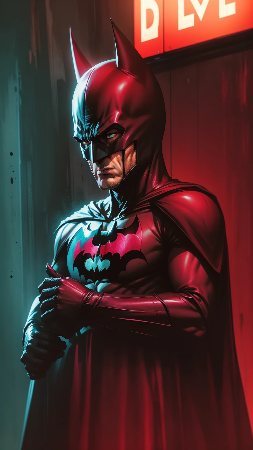 draw the Batman in an action scene with a lot of blood on his hands and mouth, blood on the ground because the scene is of Batman fighting several Cyberpunks at the behest of the villain Penguin, 64k,