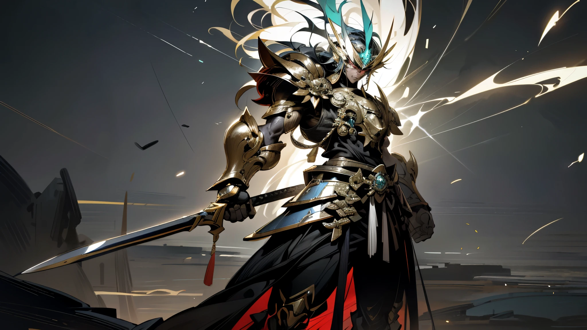 "In the realm of hyper-realistic battle imagery, a breathtaking scene unfolds. A venerable samurai, embodying the spirit of Saint Seiya, stands resolute. His meticulously crafted armor glistens under dynamic lighting, illuminated by the neon beams of his mystical weapon. With a powerful stance and super storm combo ready, he readies himself for battle against an otherworldly demon. His sharp, focused eyes convey unwavering determination.
This visually stunning artwork, rendered at high resolution in Visualizer Seek Pro, showcases random effects and intricate details. The background is a surreal depiction of a heavenly landscape