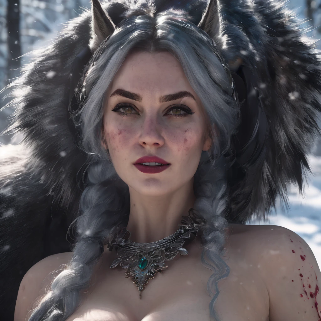 4k highly detailed realistic digital extremely high quality RAW photograph, a portrait photo of Tinker Bell that lived with wolves her whole life is now leading them to battle. torn clothes exposing (nude:1.4) body, armored pauldrons, fangs, curled horns, big breasts, ((snow and blood)), ((wolf tattoos)), epic, hyperrealistic, hyperrealism, 8k, cinematic lighting, greg rutkowski, wlop, (f1.8 short focus bokeh)