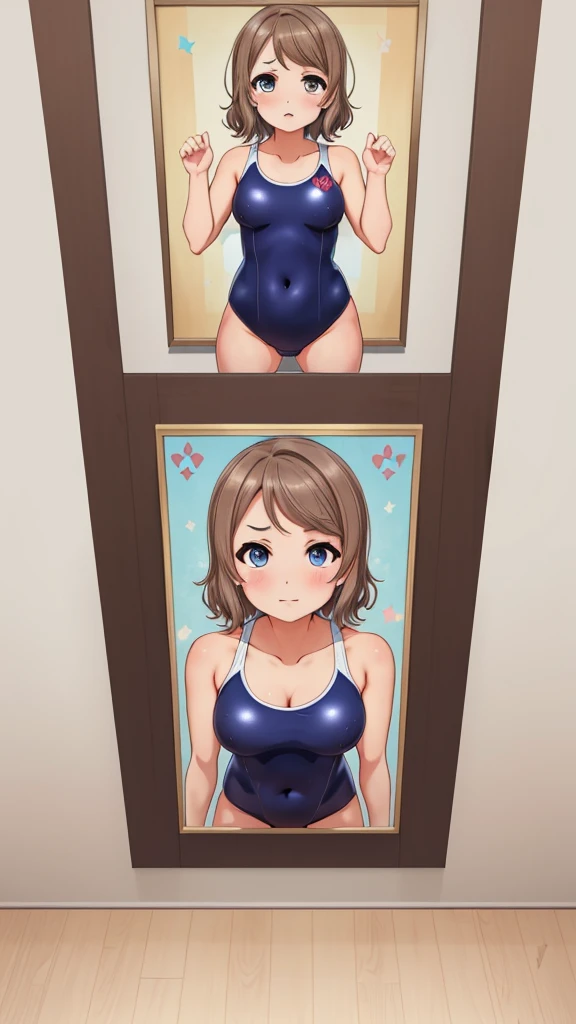 (Masterpiece), 8k wallpaper, solo, Watanabe you, standing, school hallway, (one-piece swimsuit), v-neck, game cg, beautiful detailed face and eyes, perfect anatomy, picture in a frame, ass view, (glory wall pose:1.3)