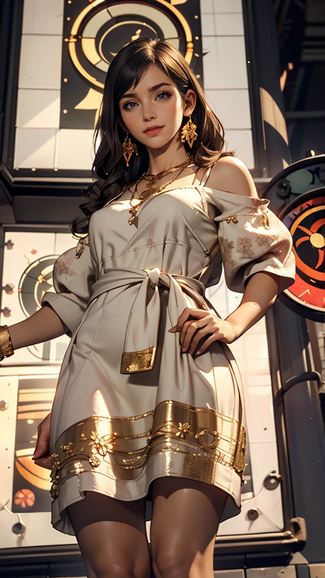 wearing Big floral mini dress、Long straight hair_Hair reaching down to the waist、gold necklace_Large earrings、shy smile、((at the intersection:1.4))、((look down at the viewer,from below:1.5)),