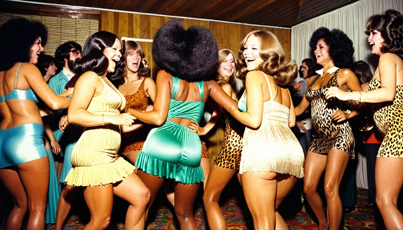 1970s party, beautiful multi-racial women with huge buttocks, dancing, 