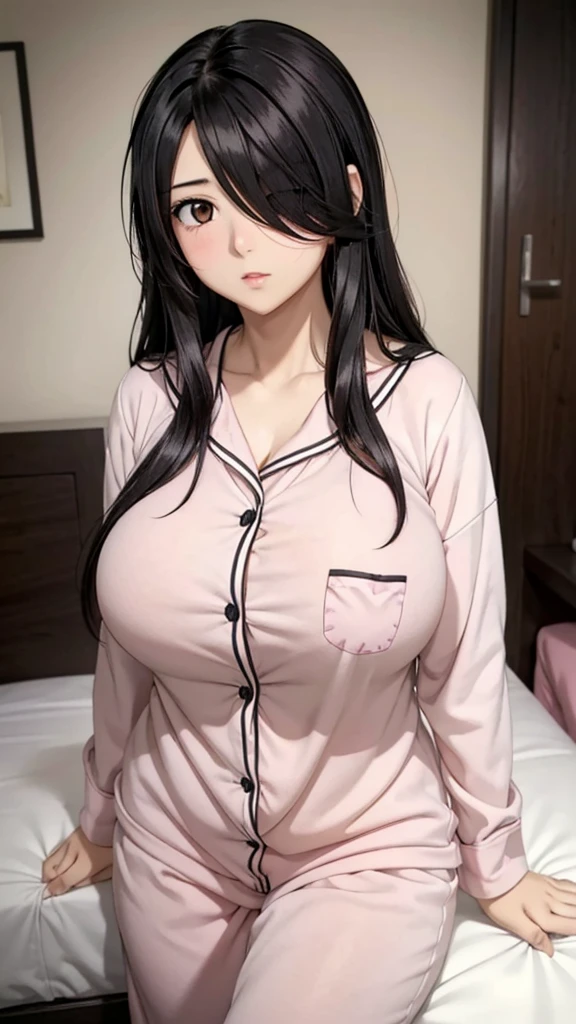 1girl,perfect ,black hair, long hair, (hair over one eye:1.4), messy hair, hair between eyes, plump, chubby,fat, saggy breast, cute motif pajama, cute shy blush on , bedroom 