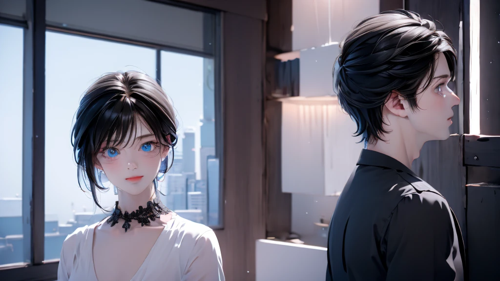 1 Boy&Girl , Boy medium light black hair, Girl medium light black hair, light blue eyes, wearing black suit, night city, 18+ , high res, ultrasharp, 8K, masterpiece, looking from behind