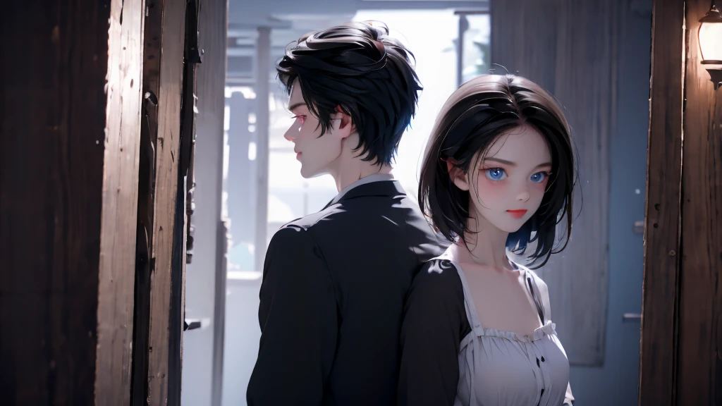 1 Boy&Girl , Boy medium light black hair, Girl medium light black hair, light blue eyes, wearing black suit, night city, 18+ , high res, ultrasharp, 8K, masterpiece, looking from behind