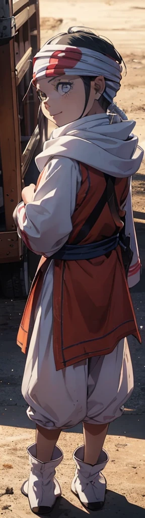 crazy smile crazy eyes Beautiful ??? face quality clothing Extremely beautiful cute kid 7year old kid kid body extremely detailed clothing expensive cowl bandana on forehead profile image full body image style beautiful kid face side view ultra cute face ??? cowboy shot glaring at viewer