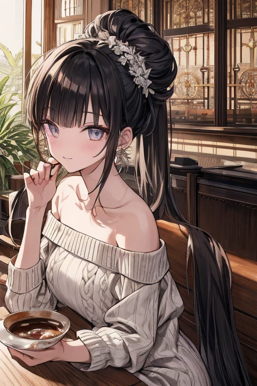 (((Masterpiece))),(((Super Detail))),(((in 8K))),(((best composition))),(((Rim lighting,Fireglow effect,deep shadow))),solo),Beautiful fingers,Detailed finger features,(Detailed hair features:1.7),(Dynamic and sexy bending pose:1.3),detailed facial features,detailed clothes features, (perky chest:1.1), (pointed chest:1.3), delicate beautiful face, Bright blue eyes, cute eyes, sparkling eyes, Big eyes, beautiful detailed eyes,double bun with glittering hair ornament:0.6,(super detailed glossy skin:1.3),slender body,goddess smile,((with sparkling eyes and a contagious smile)),beautiful posture,have a cup of coffee,black hair, red eyes, dress, bare shoulders, jewelry, collarbone, sidelocks, hairband, earrings, indoors, off shoulder, sweater, arms behind back, plant, short hair with long locks, white hairband, off-shoulder dress, sweater dress, off-shoulder sweater, red sweater, big side hair, very long side hair,(super delicate kitty pattern:1.2),seductive cleavage:1.3,beautiful glossy legs,shiny black high heels,lifting dishes with cakesd,japanese restaurant,hustle and bustle,rising steam of coffee,(((depth of fields))) 