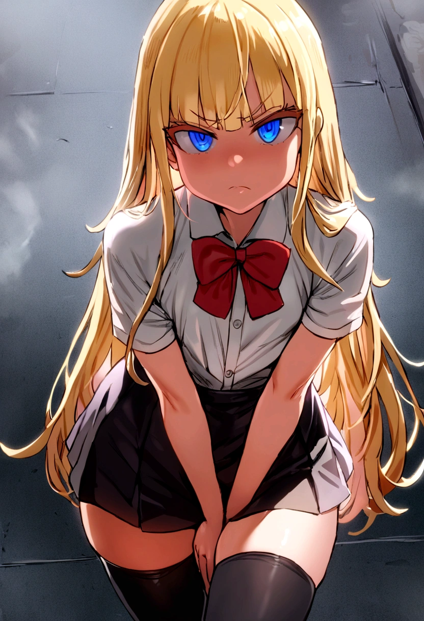 masterpiece, best quality, 1girl, solo, bangs, long hair, blonde hair, blue eyes, angry, small breasts, white blouse, short sleeves, red bow, black skirt thigh-highs, , looking at viewer, panty, cowboyshot