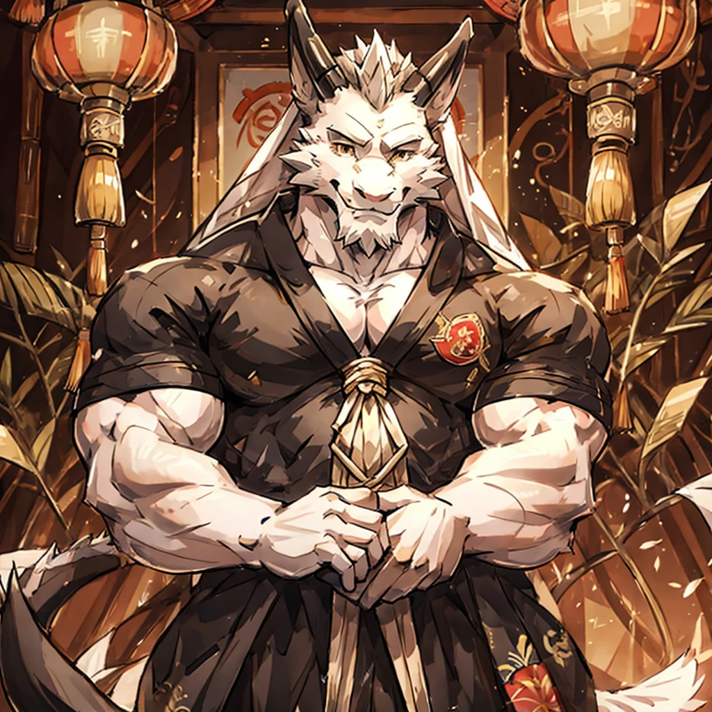 (white eastern dragon),furry,white mustache,big pecs,hearty males,muscular,black imperial robe,adult,traditional_chinese_room，head portrait