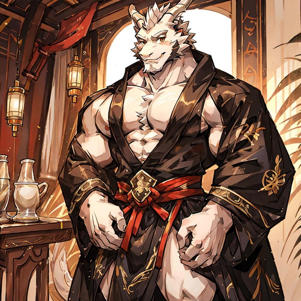 (white eastern dragon),furry,white mustache,big pecs,hearty males,muscular,black imperial robe,adult,traditional_chinese_room，head portrait