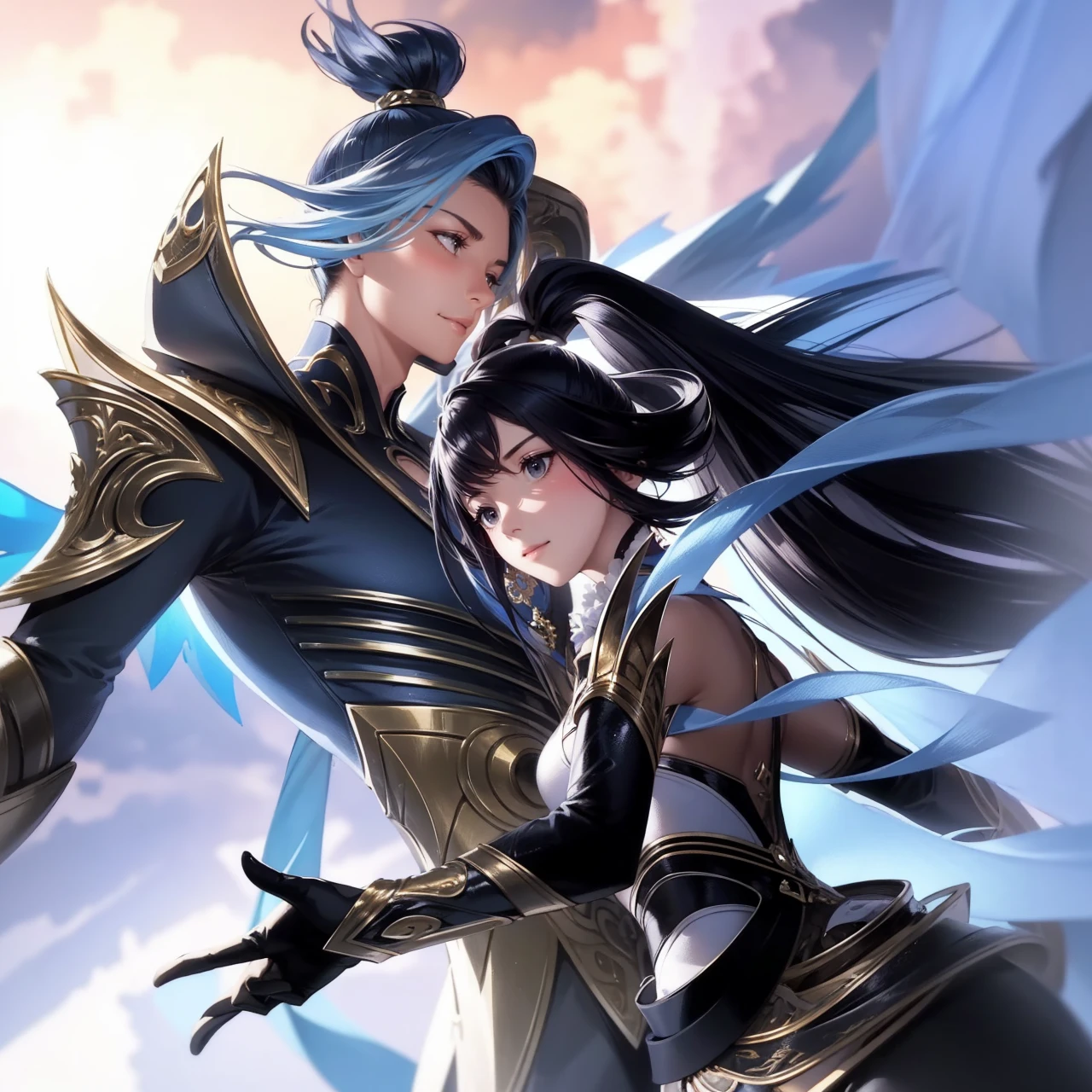 2 people, woman and man, Attractive profile picture, masterpiece, ultra-precise rendering, beautiful and cool young woman, trustworthy, dependable young woman, savior of the world, simple design, most beautiful image, 4K, blue black hair, beautiful woman, handsome man, facial hair, beautiful smile