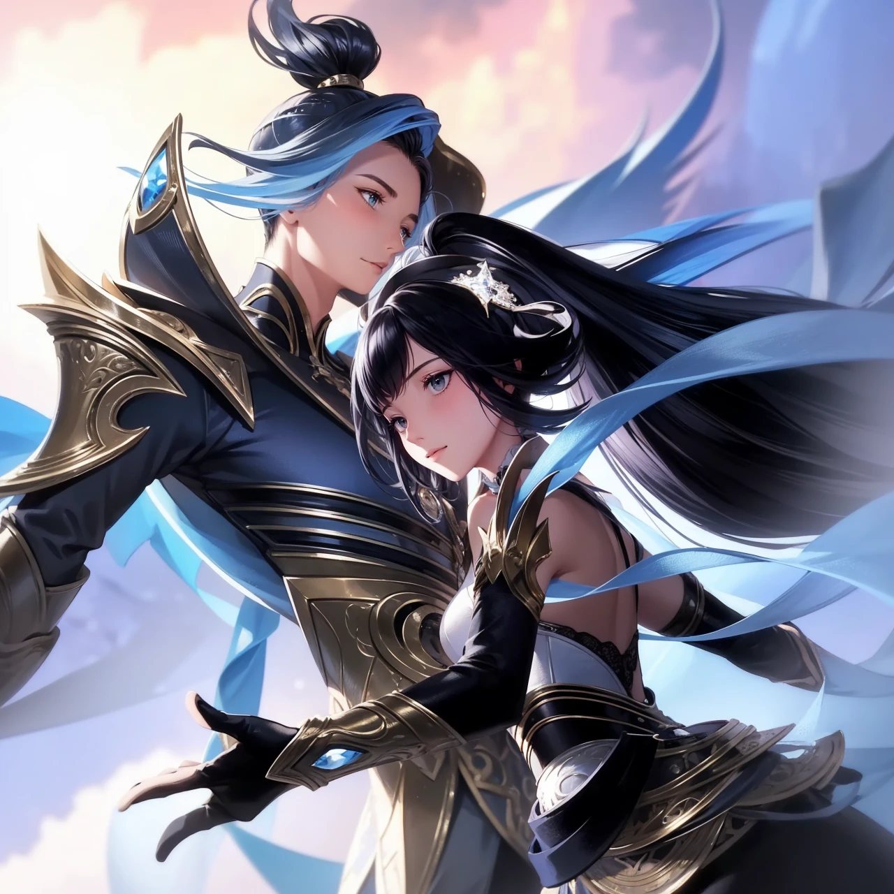 2 people, woman and man, Attractive profile picture, masterpiece, ultra-precise rendering, beautiful and cool young woman, trustworthy, dependable young woman, savior of the world, simple design, most beautiful image, 4K, blue black hair, beautiful woman, handsome man, facial hair, beautiful smile