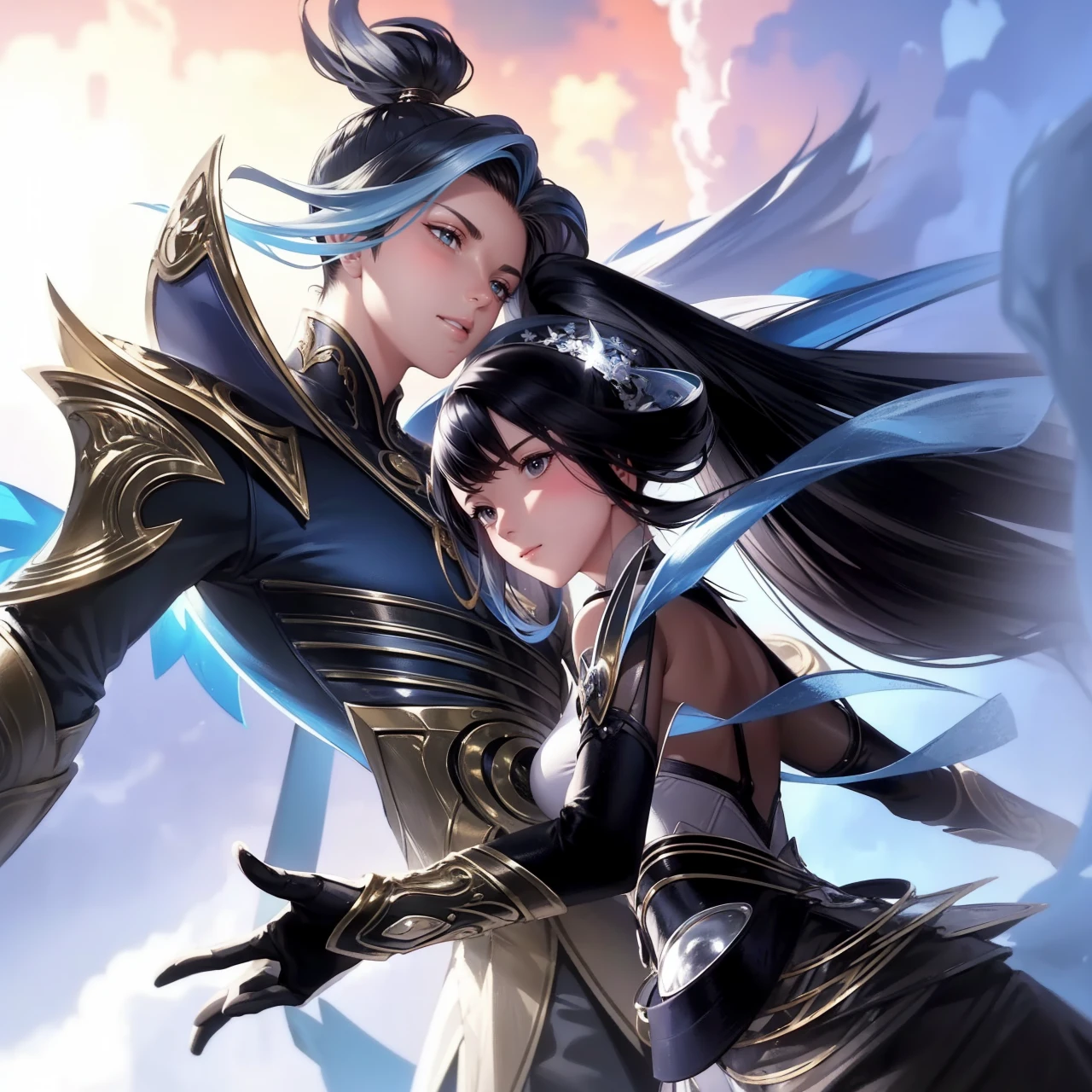 2 people, woman and man, Attractive profile picture, masterpiece, ultra-precise rendering, beautiful and cool young woman, trustworthy, dependable young woman, savior of the world, simple design, most beautiful image, 4K, blue black hair, beautiful woman, handsome man, facial hair, beautiful smile