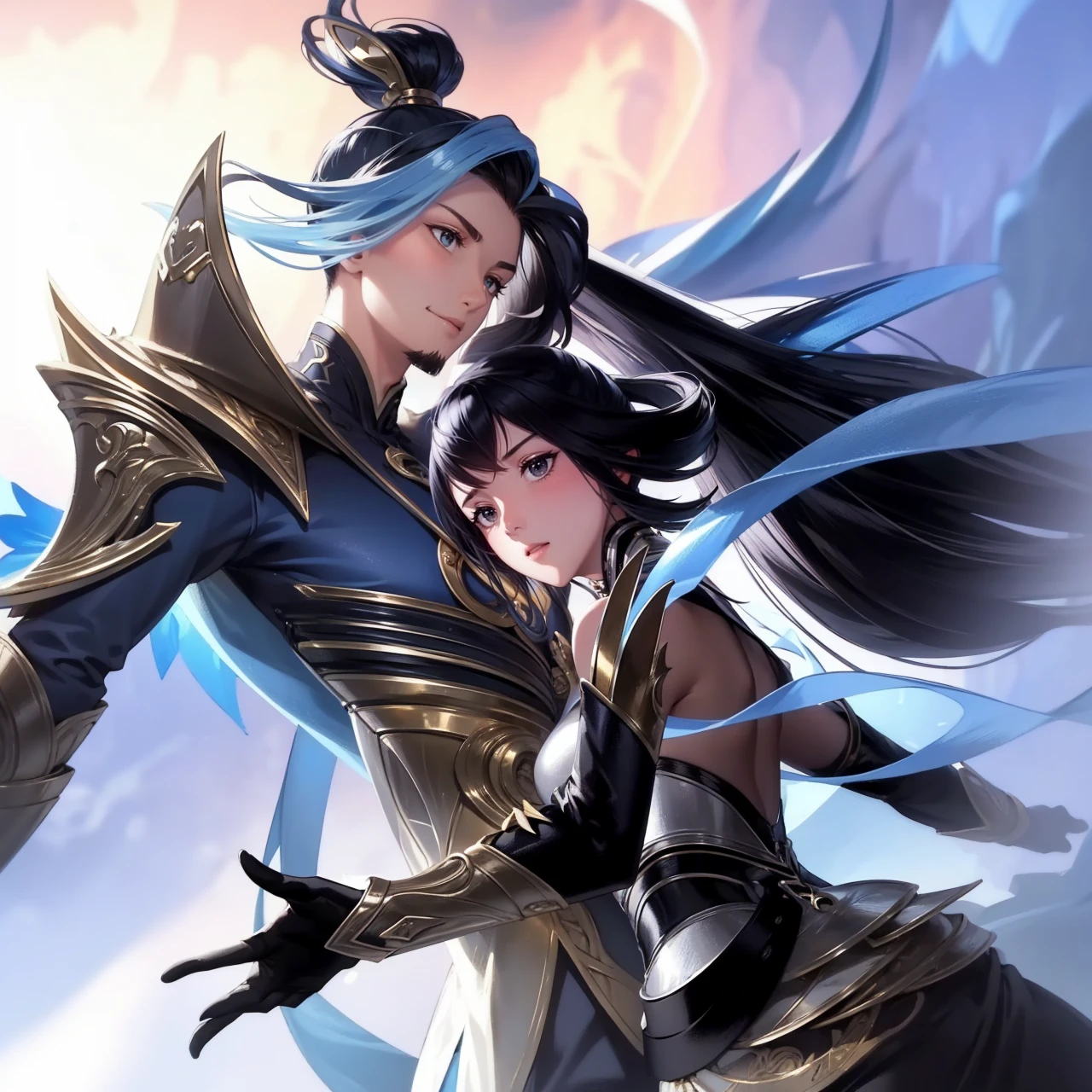2 people, woman and man, Attractive profile picture, masterpiece, ultra-precise rendering, beautiful and cool young woman, trustworthy, dependable young woman, savior of the world, simple design, most beautiful image, 4K, blue black hair, beautiful woman, handsome man, facial hair, beautiful smile