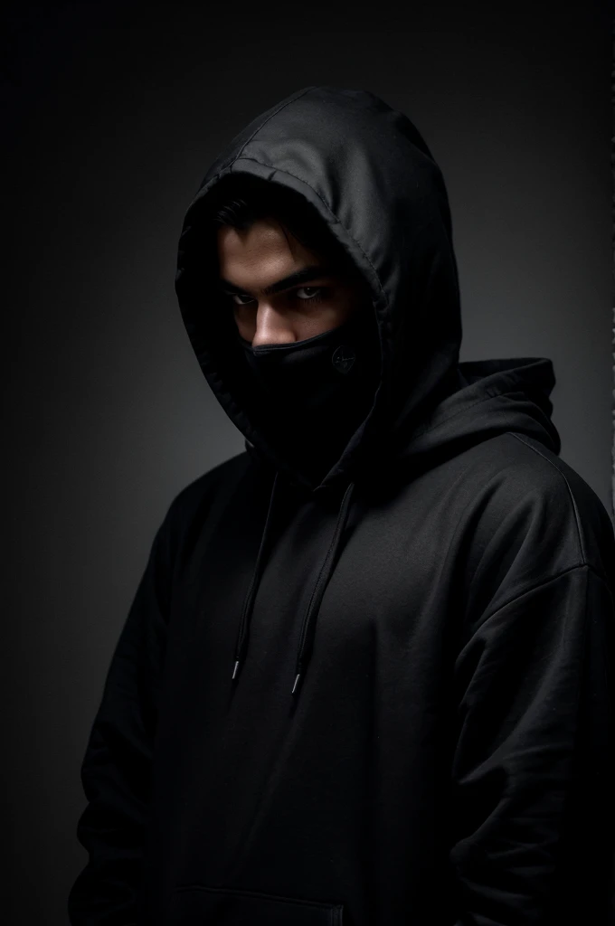 A young man wearing a black hoodie with the hood up, creating a dark and mysterious vibe. His face is completely blank, with no facial features, adding to the eerie and enigmatic atmosphere. The background is shadowy and indistinct, emphasizing the character's anonymity and the overall sense of darkness."