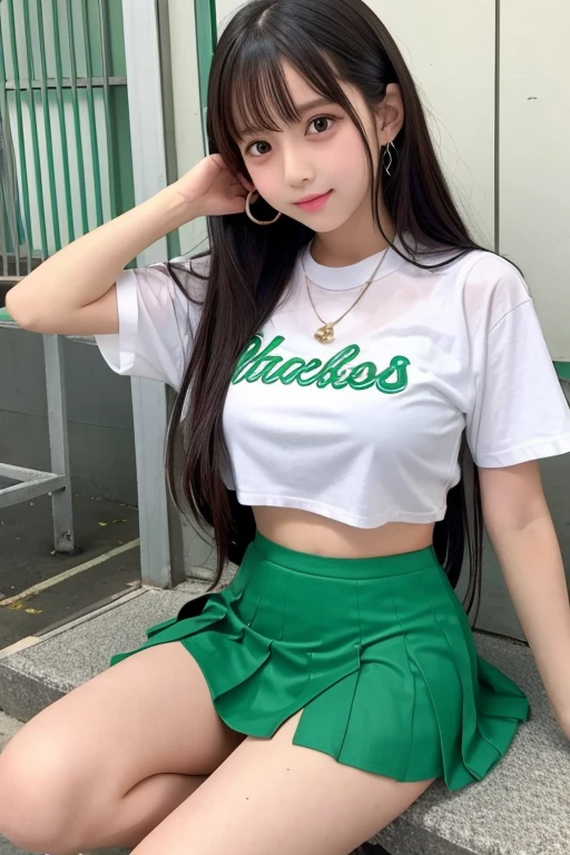 Cute Girls、Idol、high school girl、See-through、Green mini skirt、sit