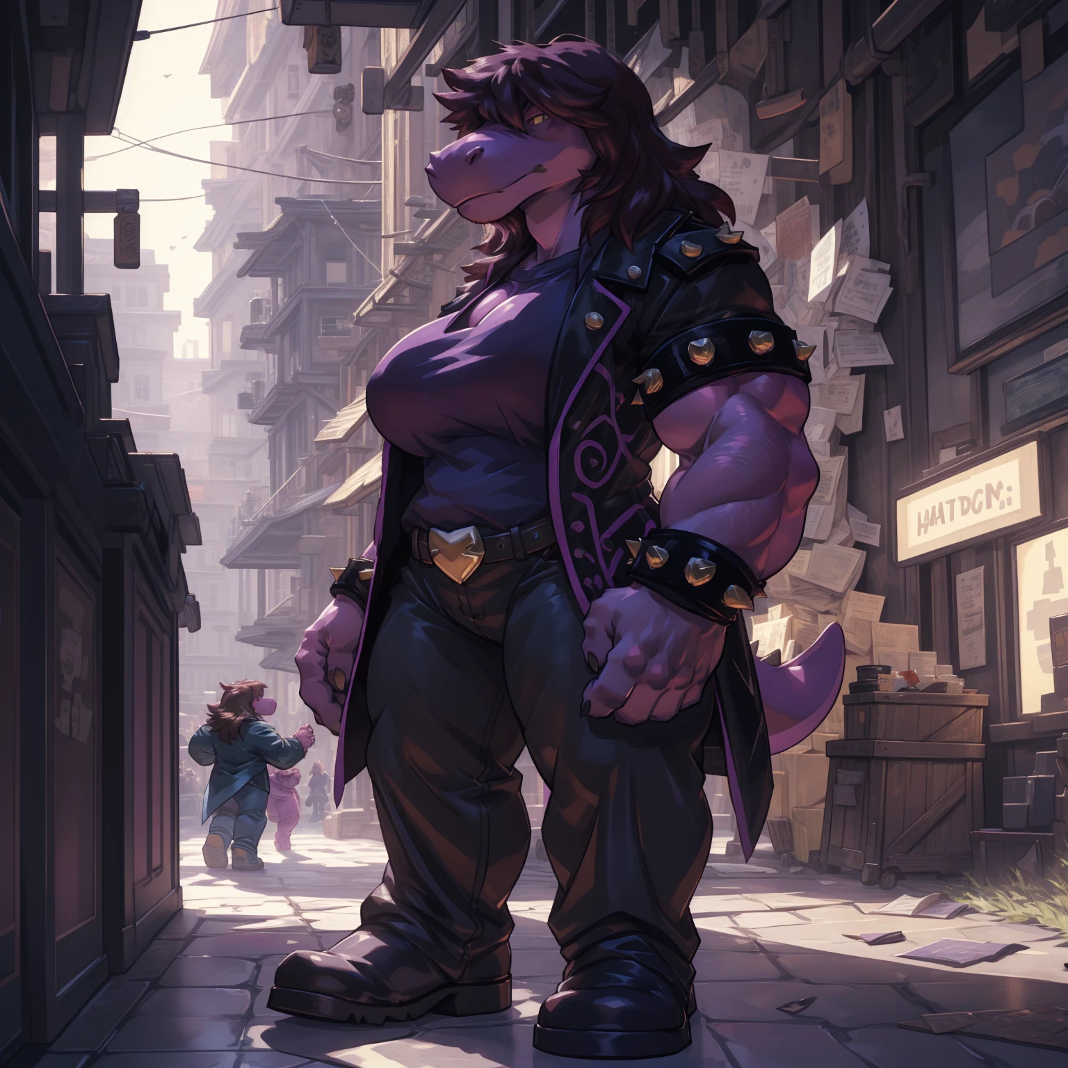 susie, susie deltarune, muscular, strong, plump, heavy, dragon, short stack, female, huge breasts, (nipple outline:0.7), bodybuilder pose, uploaded on e621, (detailed background), (intricate:1.1), (high detail:1.2), (masterpiece, best quality, 4k, 2k, shaded, absurd res), by darkgem, by wfa, by gideon,