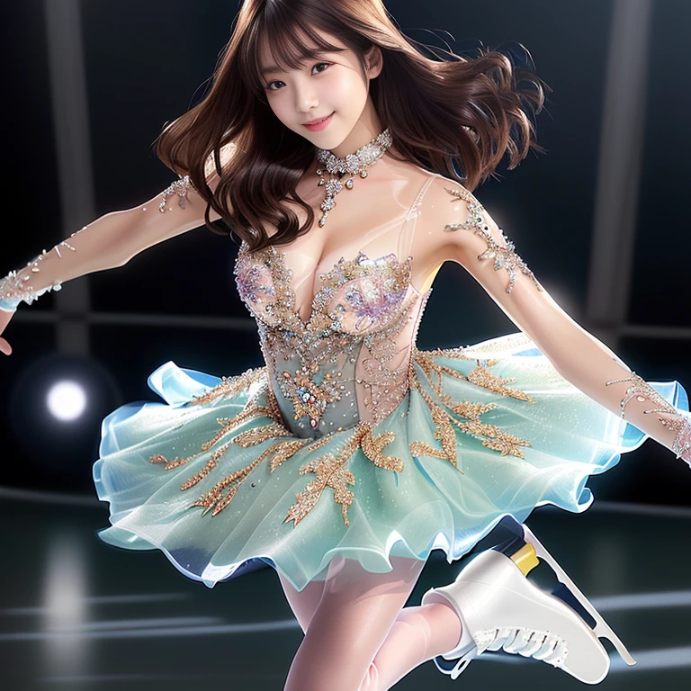 Photo-realistic quality、20-year-old Japanese idol in a gray dress skating on the rink, Ice Princess, !!beautiful!!, dynamic skating、looking at the camera、beautiful日本人モデル、Detailed and beautiful eyes、Cute smile、A soft and gentle look
