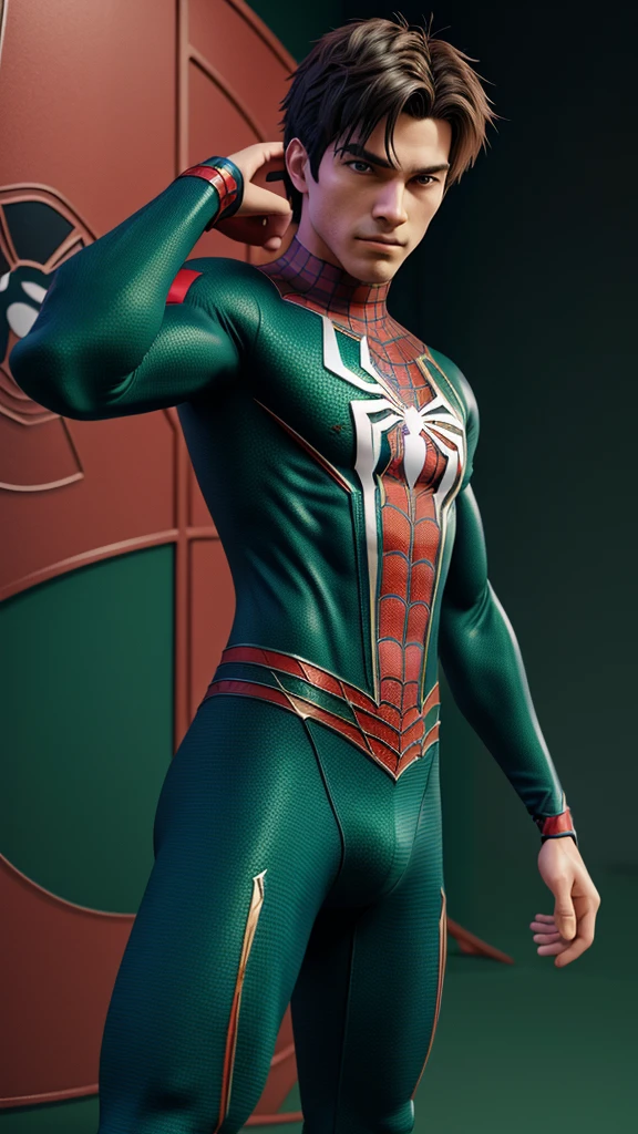 anime man character standing in cool position wearing Spider-Man proper costume and 3D image high quality image in anime style green background