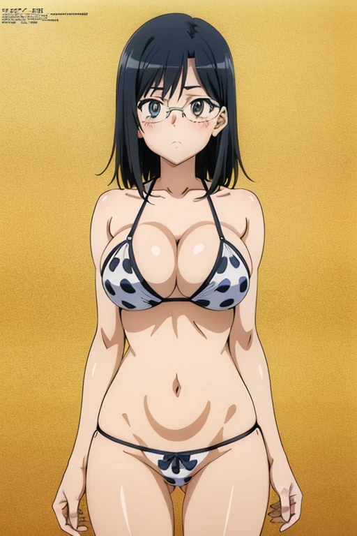 (anime cels style, megami magazine, poster style, best quality, high resolution, sharp image, 8k, photorealistic), (beautiful eyes, beautiful face), Konori Mii, glasses, (black medium hair), blush, (huge breasts), polka dot bikini, (cowboy shot, standing), simple background, (perfect dateled anatomy, perfect body, perfect arms, perfect fingers, shiny skin)