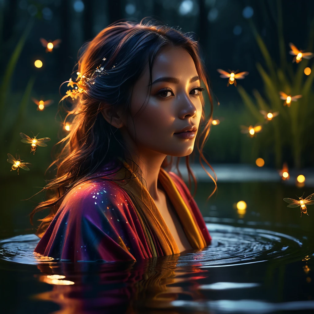 Beautiful woman in colorful robe, bathing in peaceful pond with fireflies surrounding her, night moonlight, (best quality, 4k, 8k, highres, masterpiece:1.2), highly detailed, (realistic, photorealistic, photorealistic:1. 37), vivid colors, dramatic lighting, fantasy art, intricate details, atmospheric, mystical, moody, dark fantasy, dramatic pose, detailed facial features, long flowing hair, graceful movements, swirling wind effects, fireflies in flight, reflection in water, warm color palette, glowing skin, dramatic chiaroscuro, conceptual, surrealistic