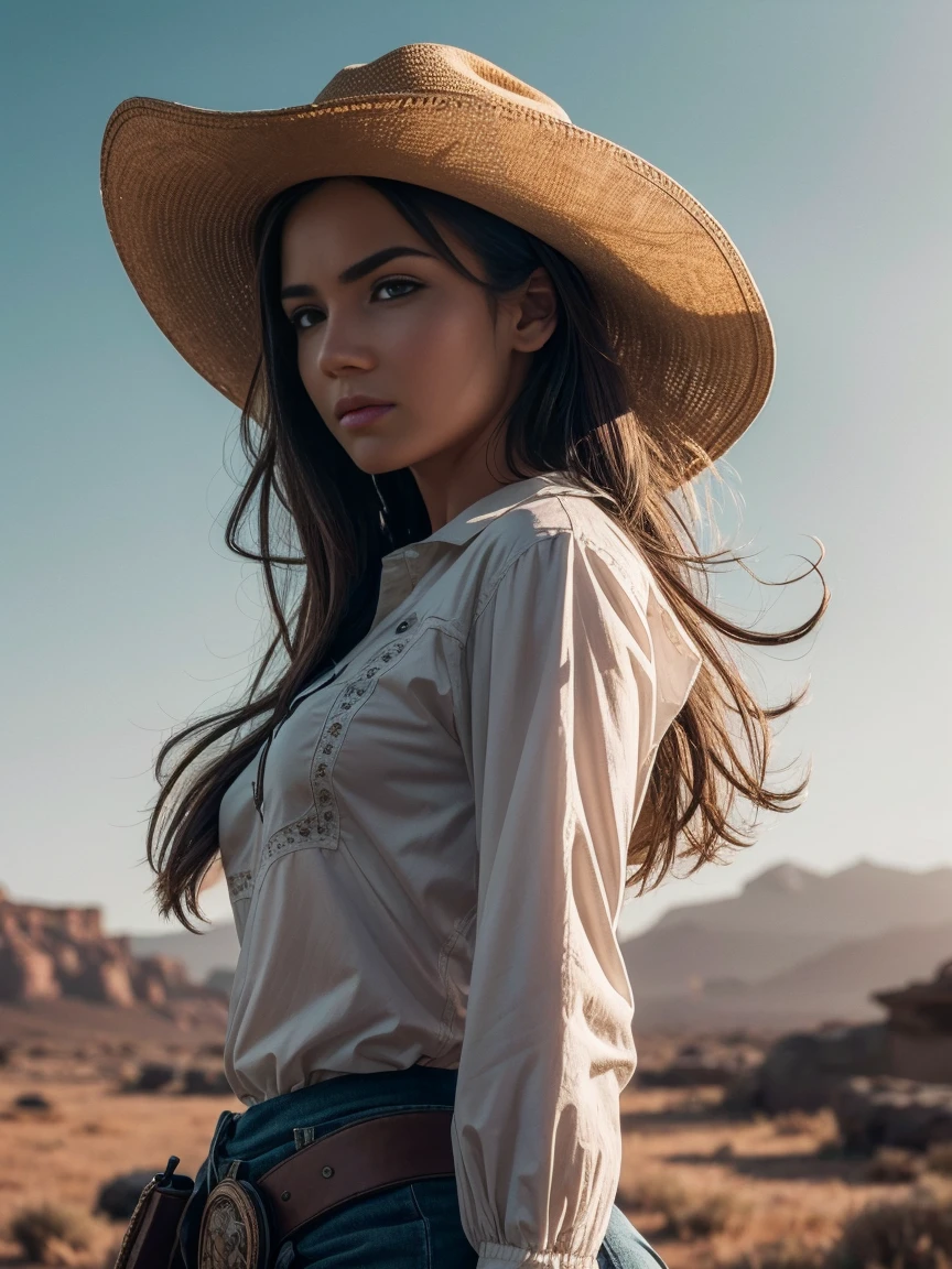 (extremely detailed 8K wallpaper), cowboy girl, difficult, high detail, dramatic