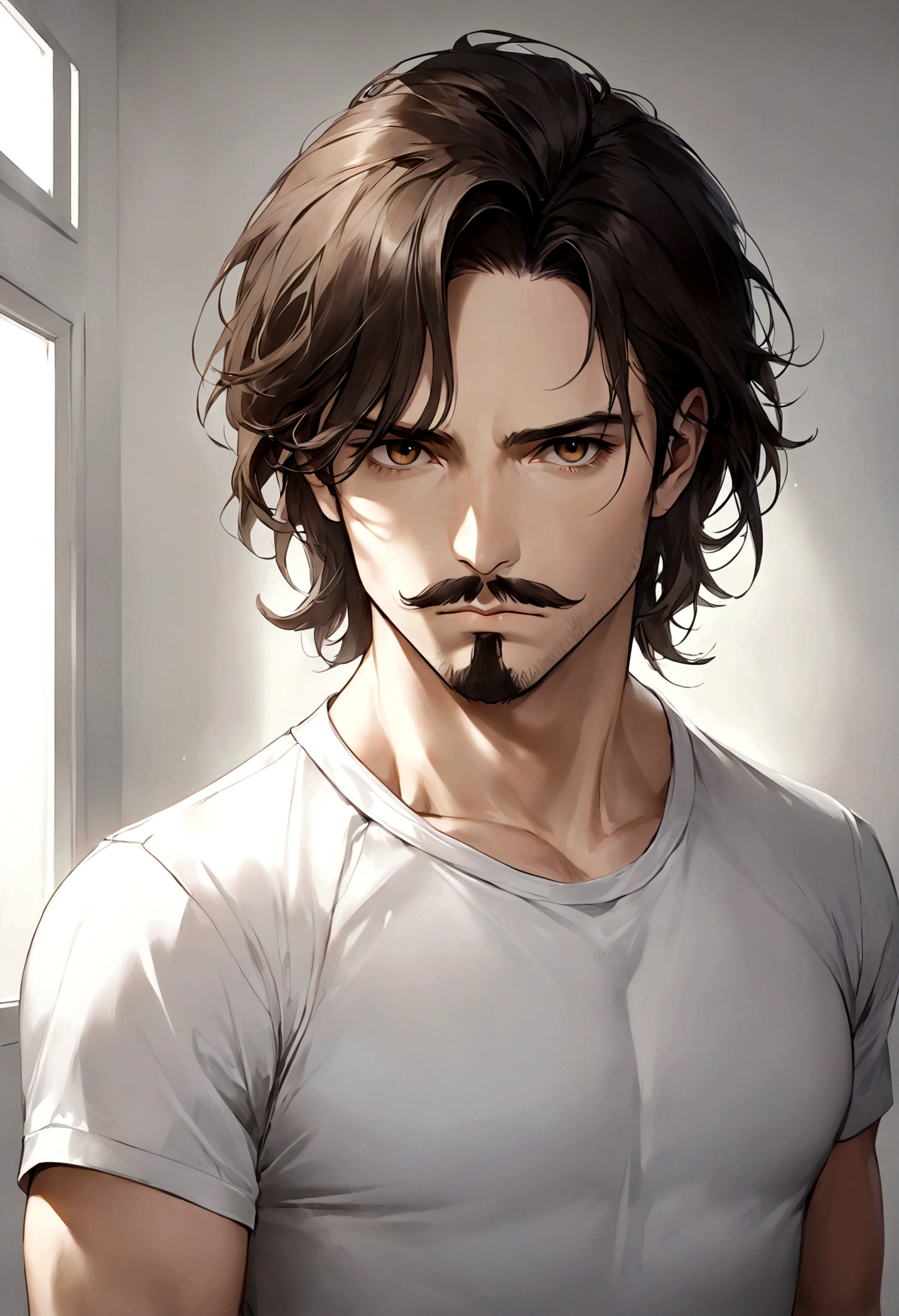 (traje de etiqueta para hombre), ), ((bigote estilo Van Dyke y (barba de chivo) "Van Dyke", Van Dyke beard)), (light brown eyes), Aspecto atractivo y serio, cabello muy largo oscuro, messy hair, Elegante y con estilo, Camiseta de cuerpo fuerte , Un hombre similar al actor Jim Morrison con el cabello largo, ((cabello muy largo)) (Imagen realista y de alta calidad), Apartamento escandinavo en el fondo simple de un cuarto, ((La mejor calidad, 8K, obra maestra).((pose dinamica))