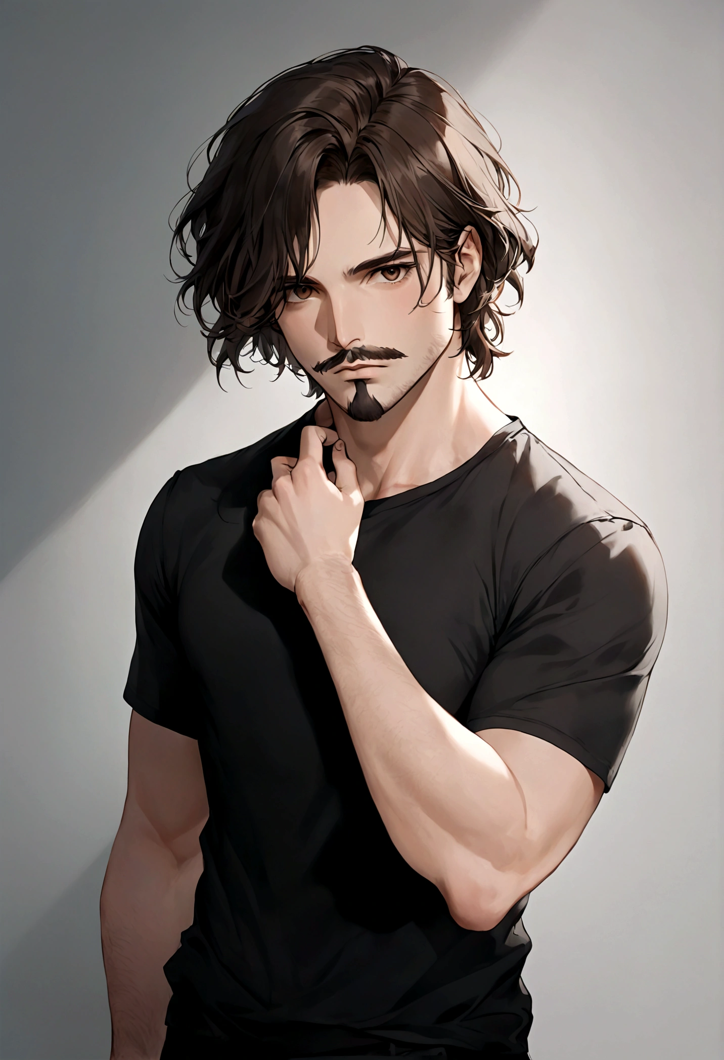 (traje de etiqueta para hombre), ), ((bigote estilo Van Dyke y (barba de chivo) "Van Dyke", Van Dyke beard)), (light brown eyes), Aspecto atractivo y serio, cabello muy largo oscuro, messy hair, Elegante y con estilo, Camiseta de cuerpo fuerte , Un hombre similar al actor Jim Morrison con el cabello largo, ((cabello muy largo)) (Imagen realista y de alta calidad), Apartamento escandinavo en el fondo simple de un cuarto, ((La mejor calidad, 8K, obra maestra).((pose dinamica))
