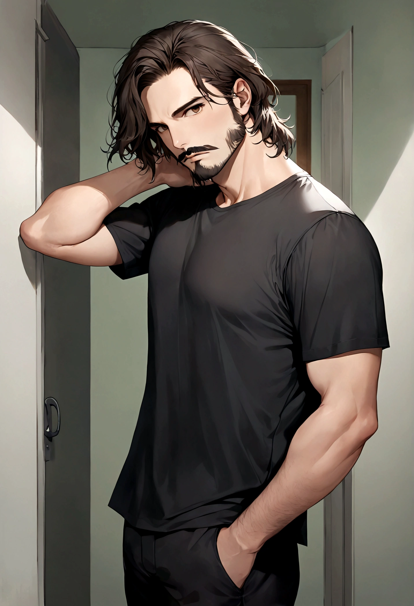 (traje de etiqueta para hombre), ), ((bigote estilo Van Dyke y (barba de chivo) "Van Dyke", Van Dyke beard)), (light brown eyes), Aspecto atractivo y serio, cabello muy largo oscuro, messy hair, Elegante y con estilo, Camiseta de cuerpo fuerte , Un hombre similar al actor Jim Morrison con el cabello largo, ((cabello muy largo)) (Imagen realista y de alta calidad), Apartamento escandinavo en el fondo simple de un cuarto, ((La mejor calidad, 8K, obra maestra).((pose dinamica))