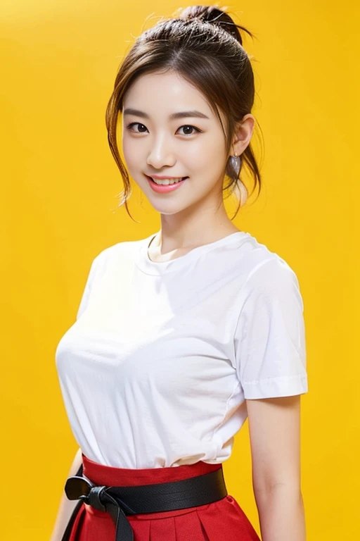 a gorgeous lady, age 22, white T-shirt and red skirt, black belt, dimpled smile, short ponytail hair, in a natural pose, photorealistic, beautiful detailed eyes, ample round bosom, hyper-realism, high contrast, ultra HD, realistic skin textures, top image quality, top-quality, super high resolution, fine details, very meticulously, simple yellow background
