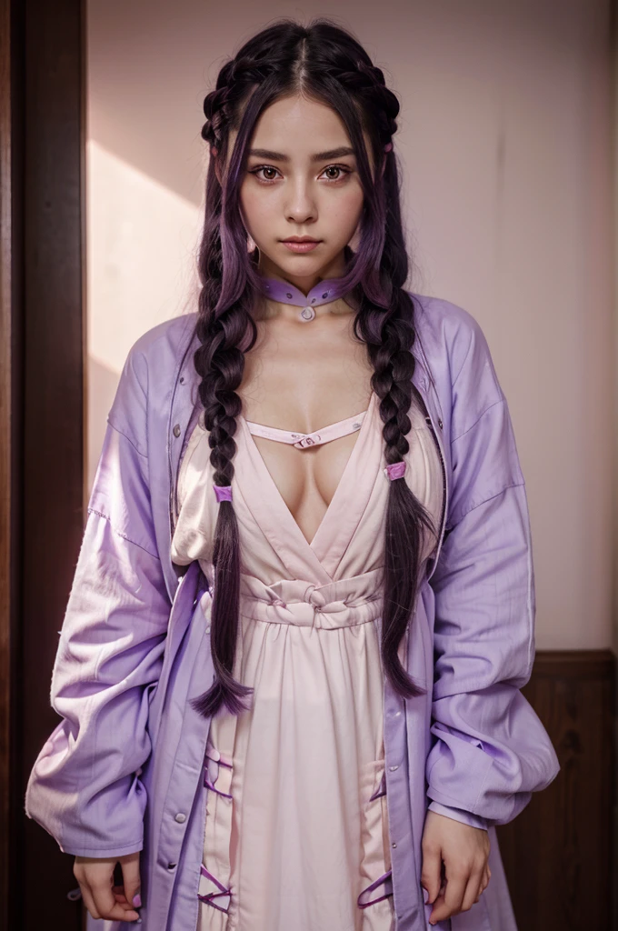 Give me anime girl with long braided hair, with purplish black hair ,with lavender ombre, violet pupils with soft pink under pupils, wearing a mini hanbok that suits her as a mafia