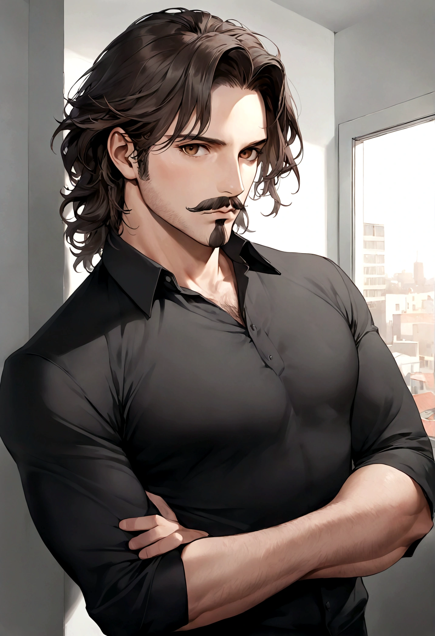(traje de etiqueta para hombre), ), ((bigote estilo Van Dyke y (barba de chivo) "Van Dyke", Van Dyke beard)), (light brown eyes), Aspecto atractivo y serio, cabello muy largo oscuro, messy hair, Elegante y con estilo, Camiseta de cuerpo fuerte , Un hombre similar al actor Jim Morrison con el cabello largo, ((cabello muy largo)) (Imagen realista y de alta calidad), Apartamento escandinavo en el fondo simple de un cuarto, ((La mejor calidad, 8K, obra maestra).((pose dinamica))