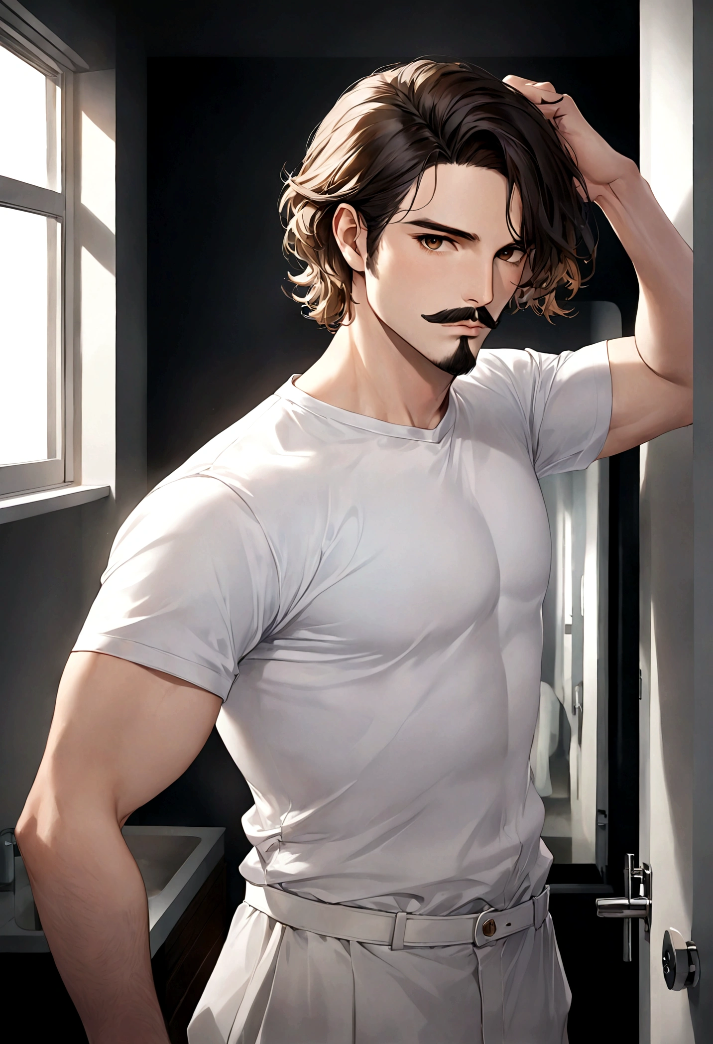 (traje de etiqueta para hombre), ), ((bigote estilo Van Dyke y (barba de chivo) "Van Dyke", Van Dyke beard)), (light brown eyes), Aspecto atractivo y serio, cabello muy largo oscuro, messy hair, Elegante y con estilo, Camiseta de cuerpo fuerte , Un hombre similar al actor Jim Morrison con el cabello largo, ((cabello muy largo)) (Imagen realista y de alta calidad), Apartamento escandinavo en el fondo simple de un cuarto, ((La mejor calidad, 8K, obra maestra).((pose dinamica))